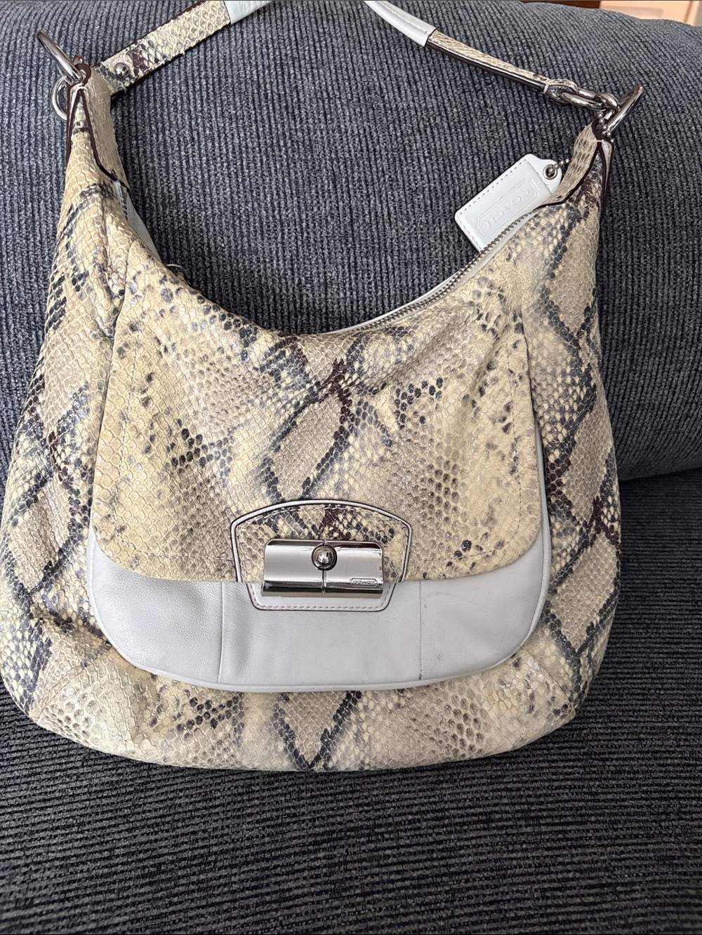 Coach Snake-Print Hobo Bag in Cream with Silver Hardware No. L1169-19323